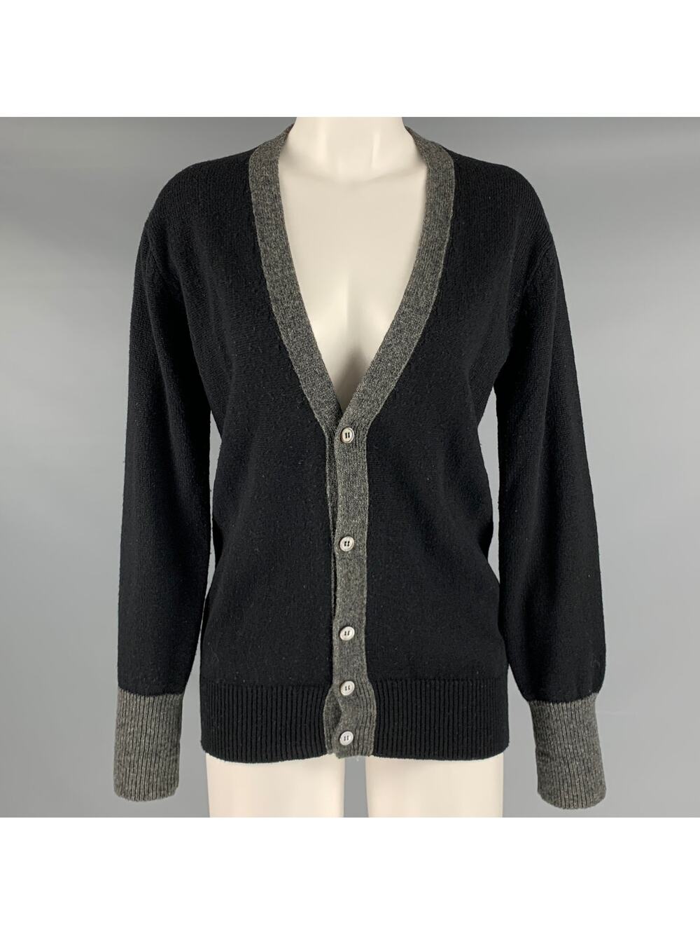 COMME des GARCONS 1980s Size S Black Grey Wool Knit Buttoned Cardigan